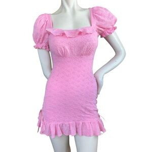 Current Mood Baby Pink Milkmaid Eyelet Puff Sleeve Micro Mini Dress Size XS